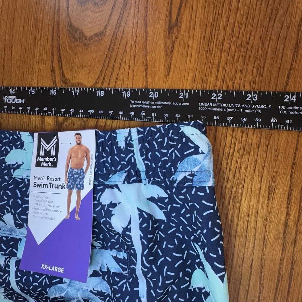NWT Member's Mark Blue Palm Tree Lined UPF 50 Stretch Resort Swim Trunk Mens XXL